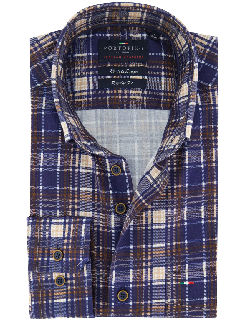 Bruin blauw geruit overhemd Portofino katoen