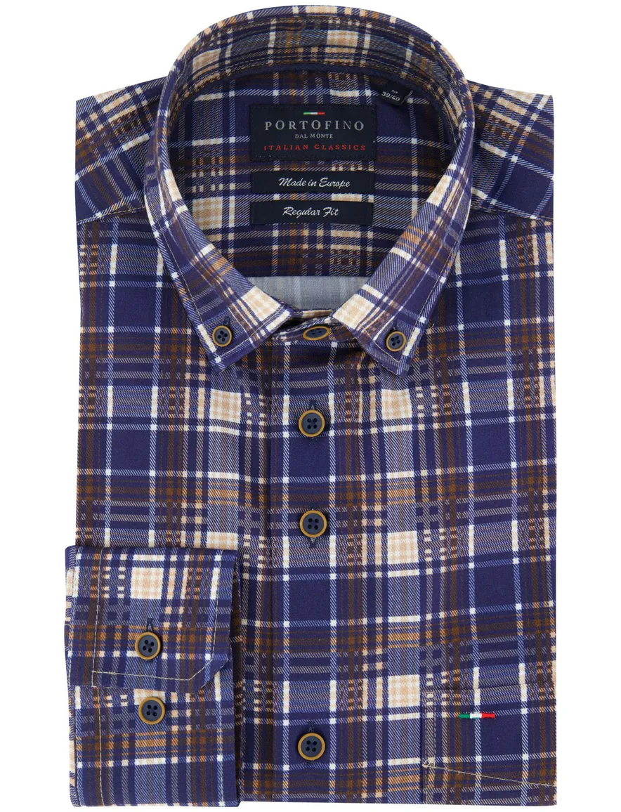 Portofino geruit overhemd bruin blauw katoen