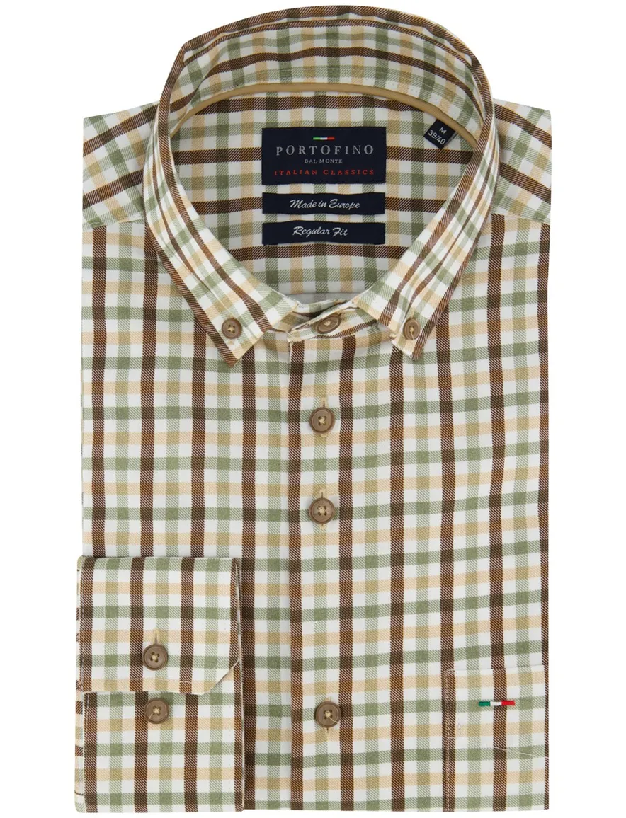 Geruit Portofino overhemd regular fit bruin groen