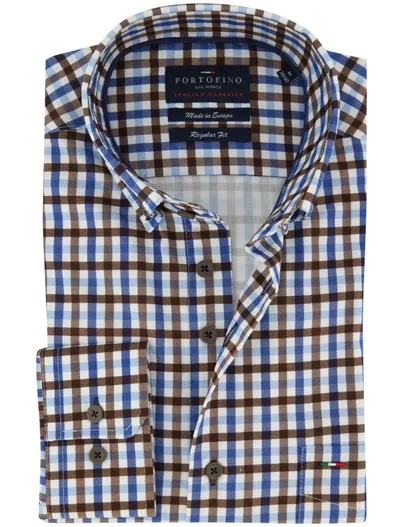 Portofino Portofino regular fit geruit overhemd bruin blauw