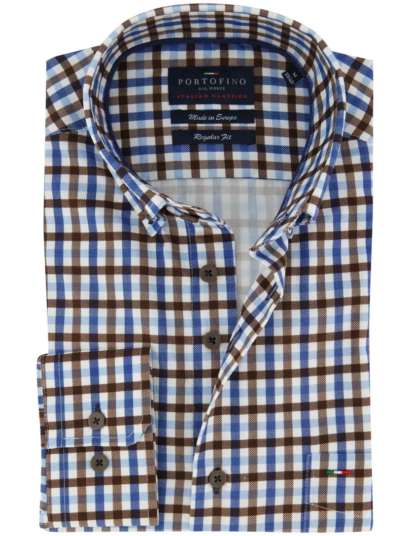 Regular fit geruit Portofino overhemd blauw bruin
