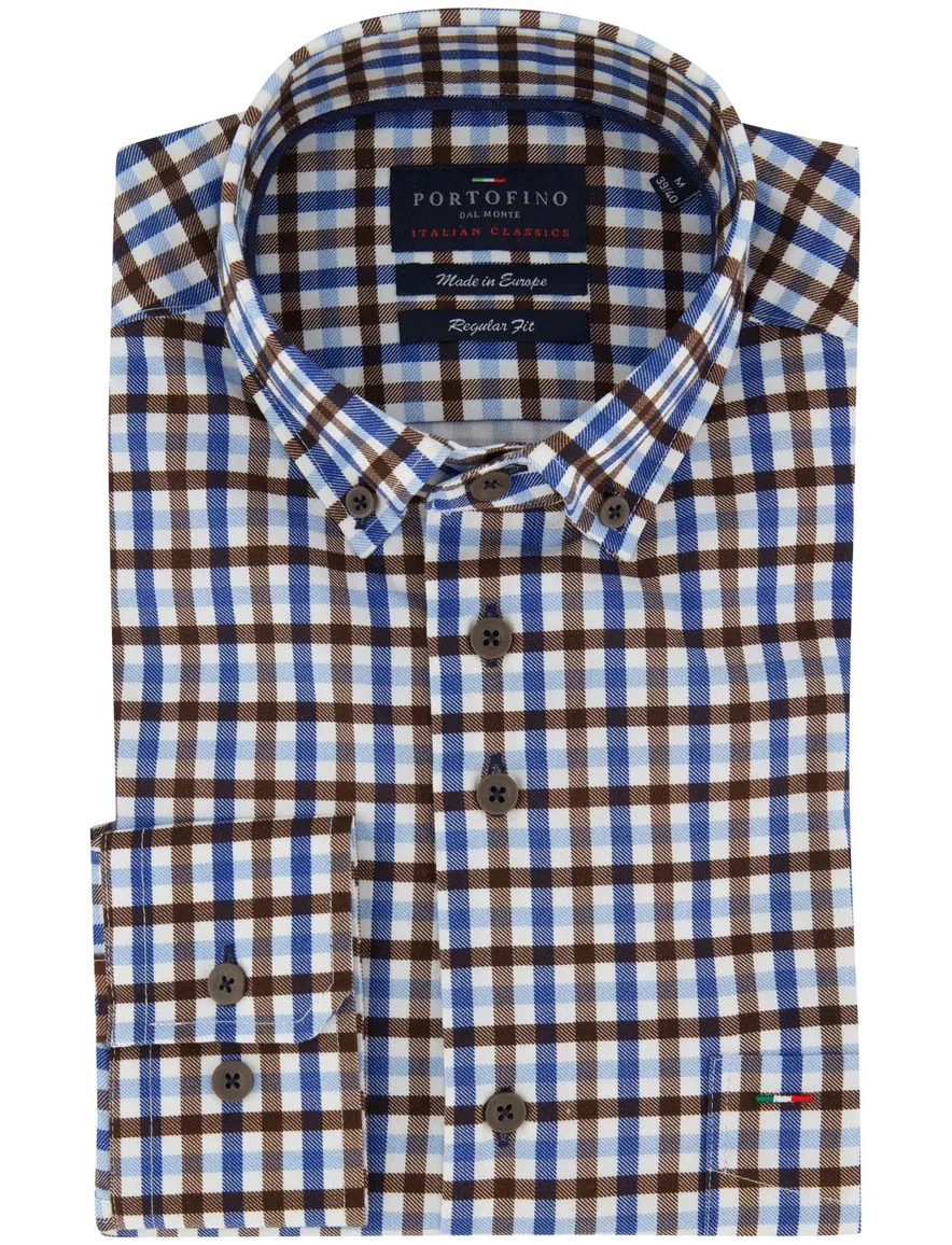 Portofino regular fit geruit overhemd bruin blauw