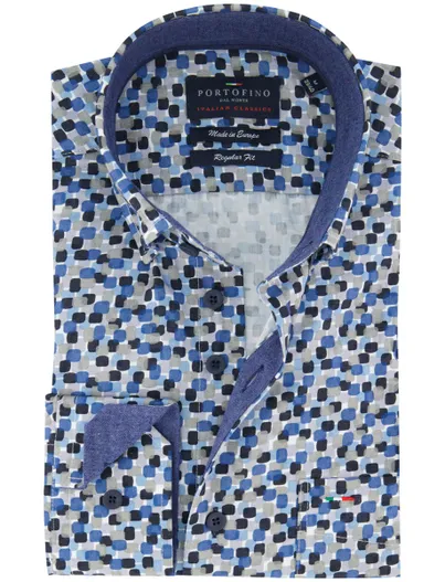 Portofino Portofino regular fit blauw geprint overhemd katoen