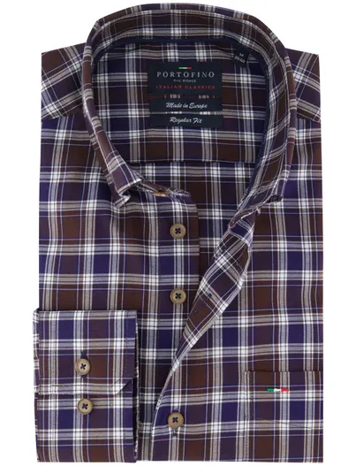 Portofino Normale fit flanel overhemd Portofino bruin geruit katoen