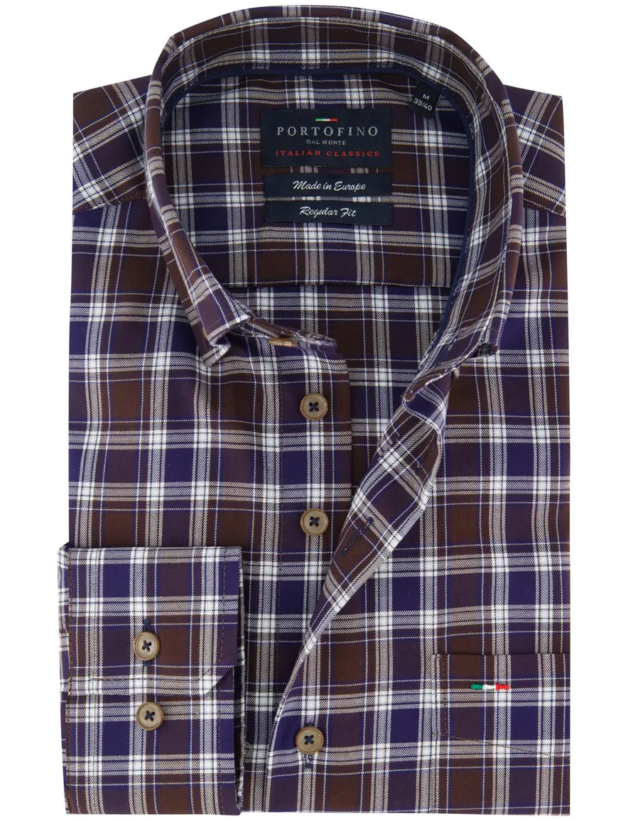 Portofino overhemd bruin geruit regular fit