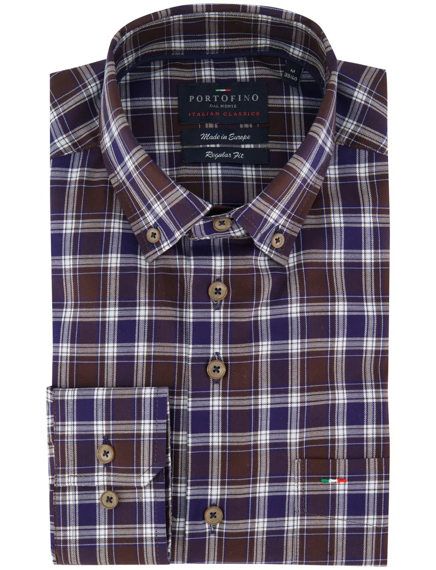 Portofino overhemd bruin geruit regular fit