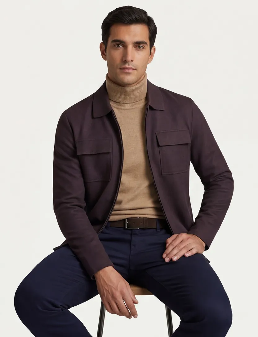 Thomas Maine overshirt merinowol rits aubergine