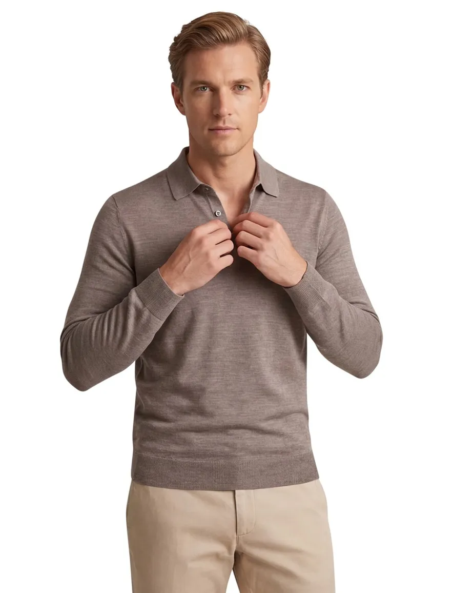 Thomas Maine polo lange mouw taupe melange