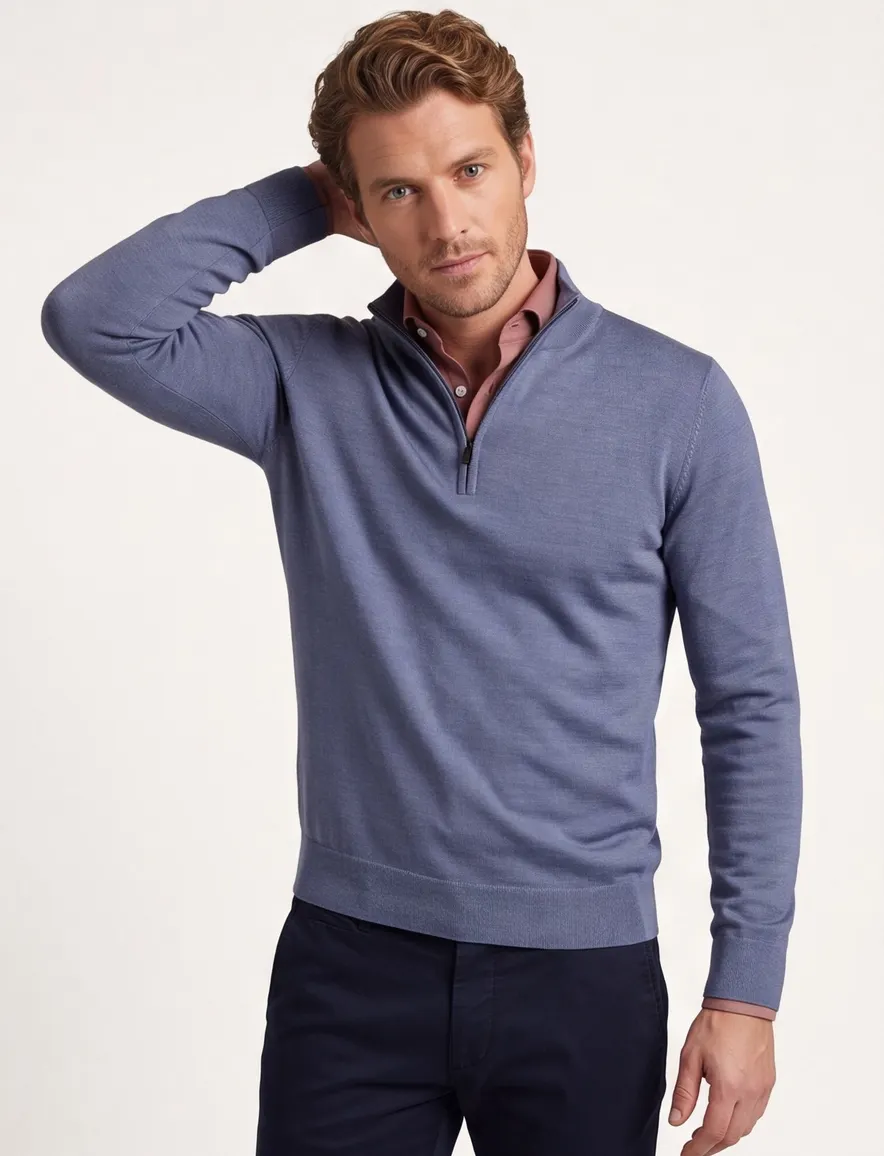 Thomas Maine half zip trui blauw merinowol
