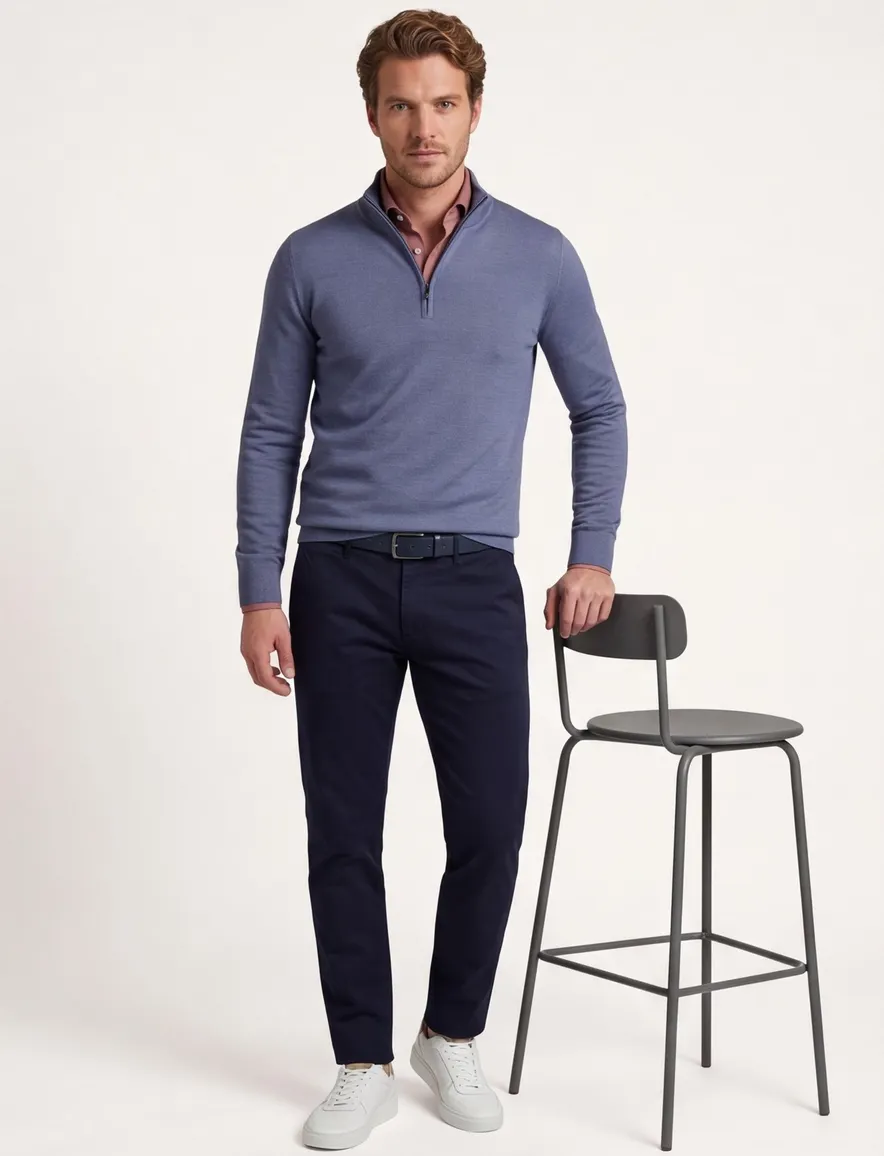 Thomas Maine half zip trui blauw merinowol