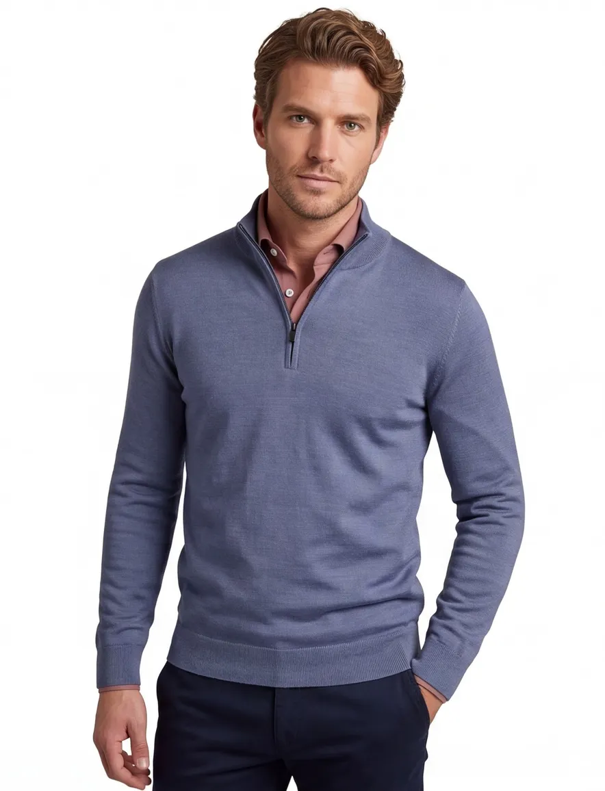 Thomas Maine half zip trui blauw merinowol