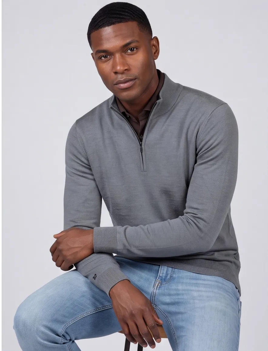 Thomas Maine half zip grijs merinowol