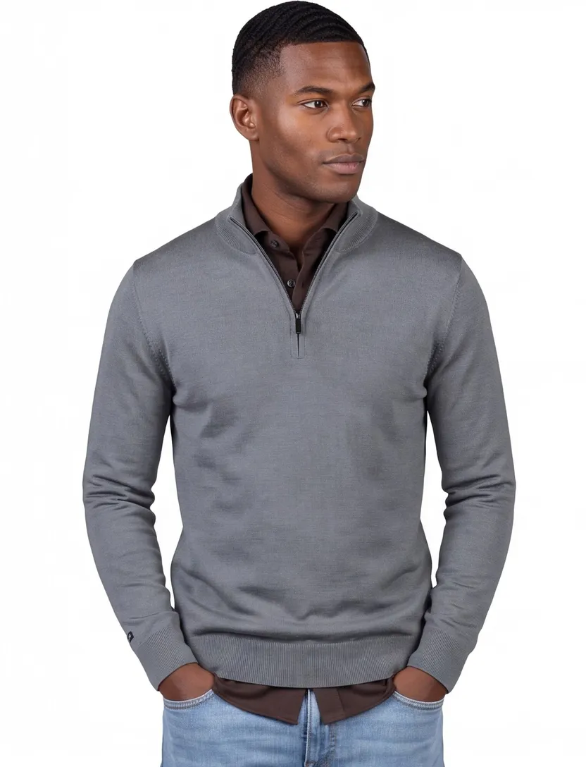 Thomas Maine trui half zip effen antraciet normale fit