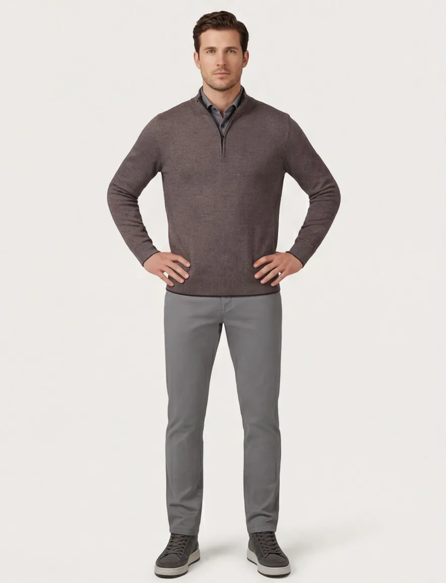 Thomas Maine trui half zip bruin effen merinowol