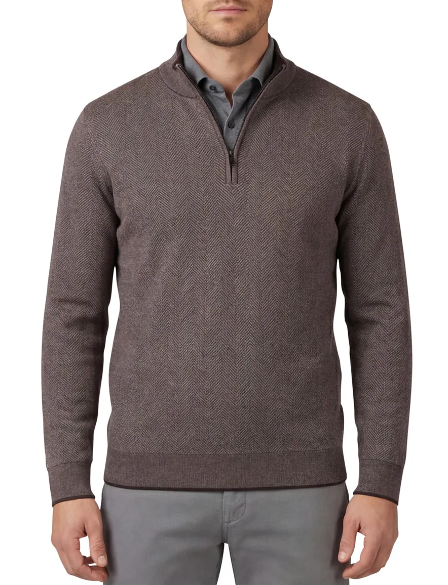 Thomas Maine trui half zip bruin effen merinowol