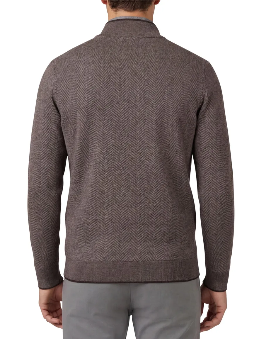 Thomas Maine trui half zip bruin effen merinowol