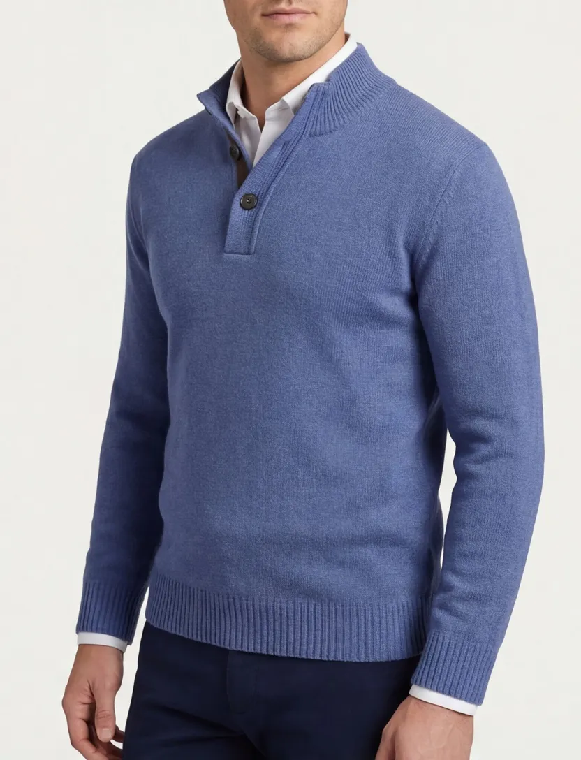 Thomas Maine trui blauw half zip knopen gebreid