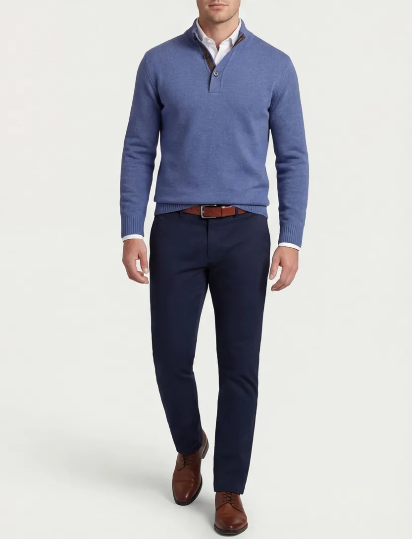 Thomas Maine trui blauw half zip knopen gebreid