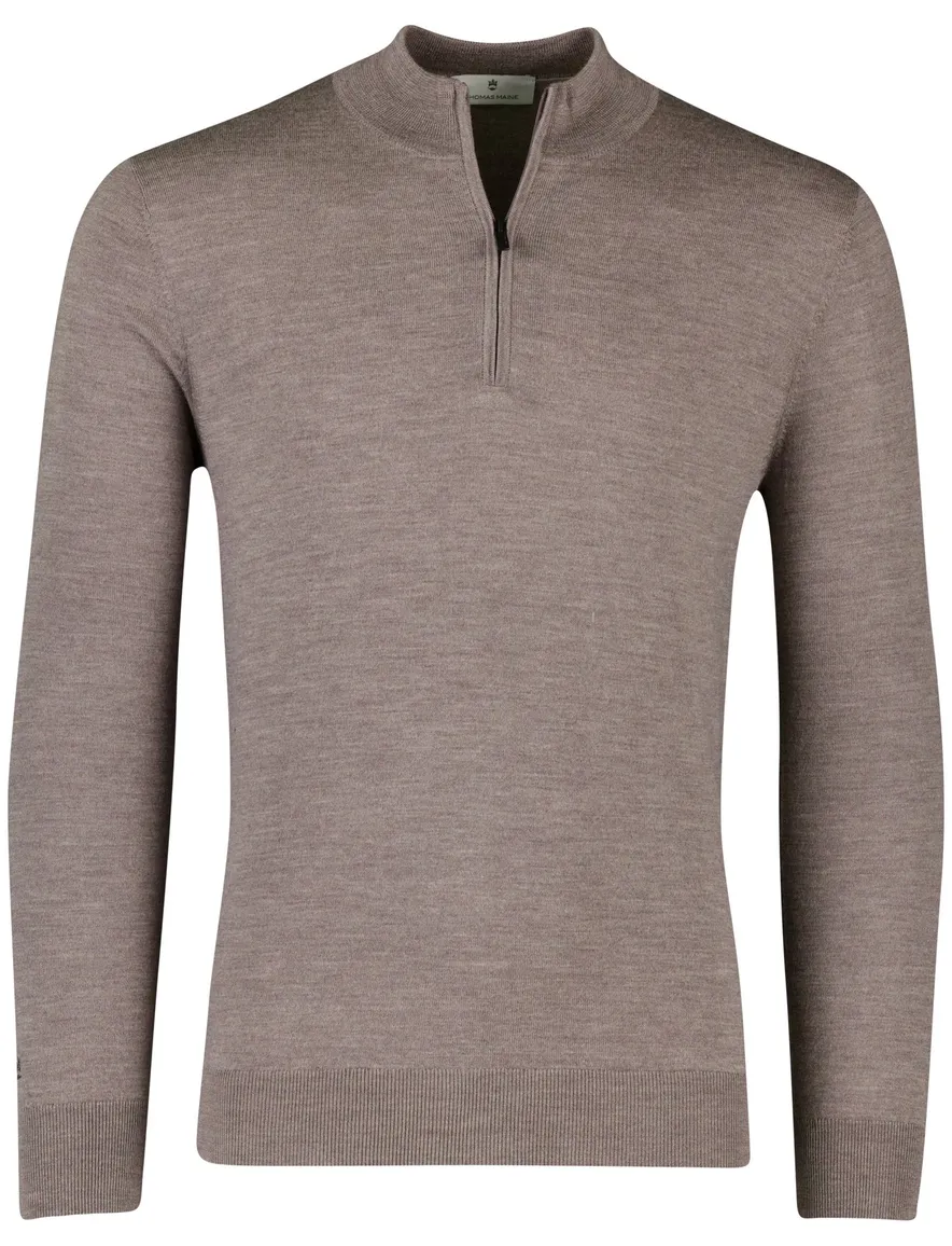 Thomas Maine half zip trui merinowol taupe