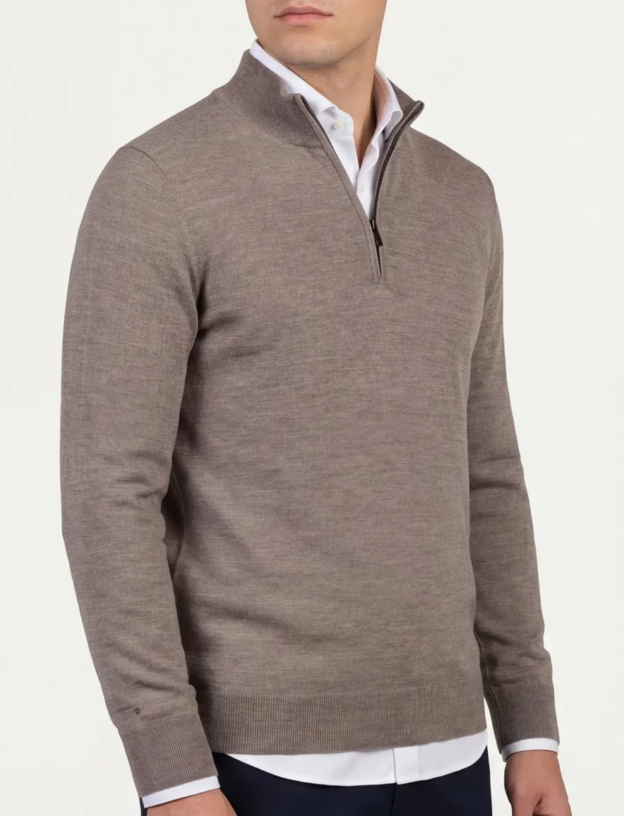 Thomas Maine half zip trui merinowol taupe
