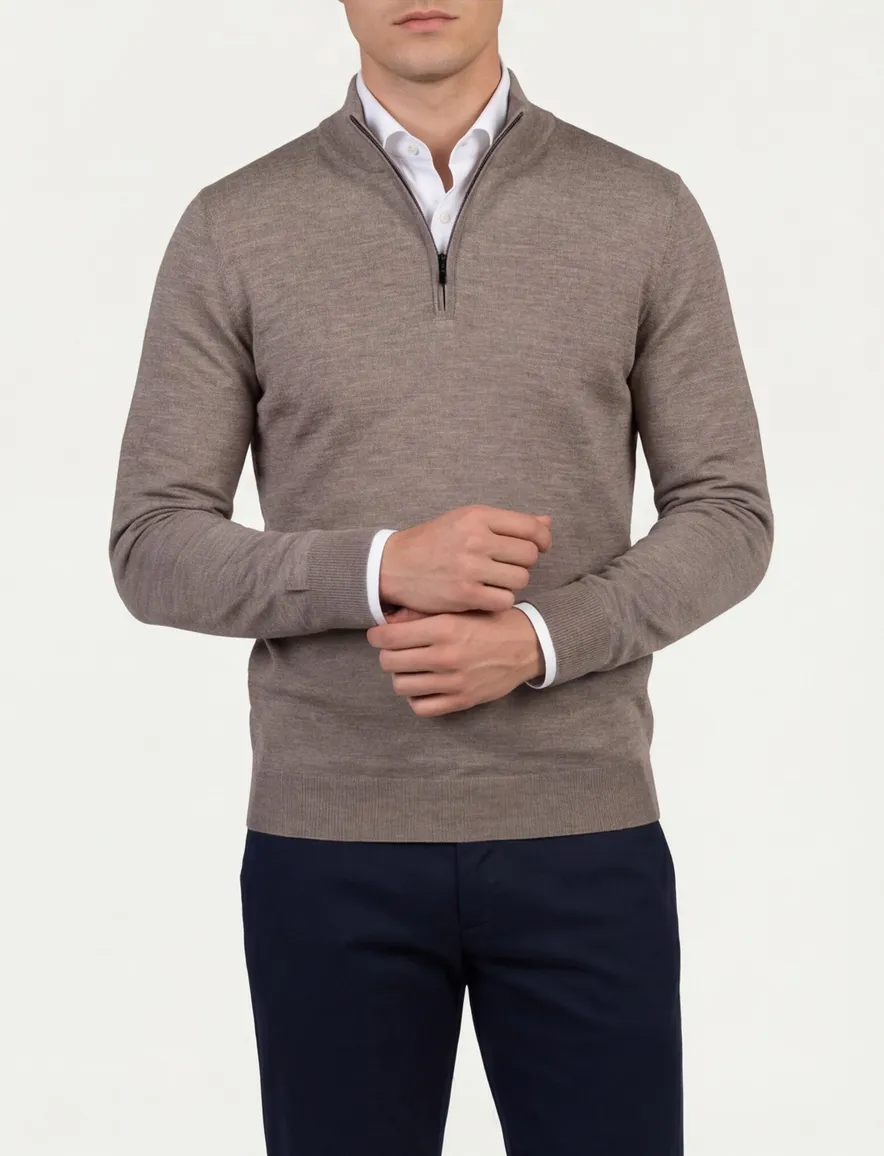 Thomas Maine half zip trui merinowol taupe