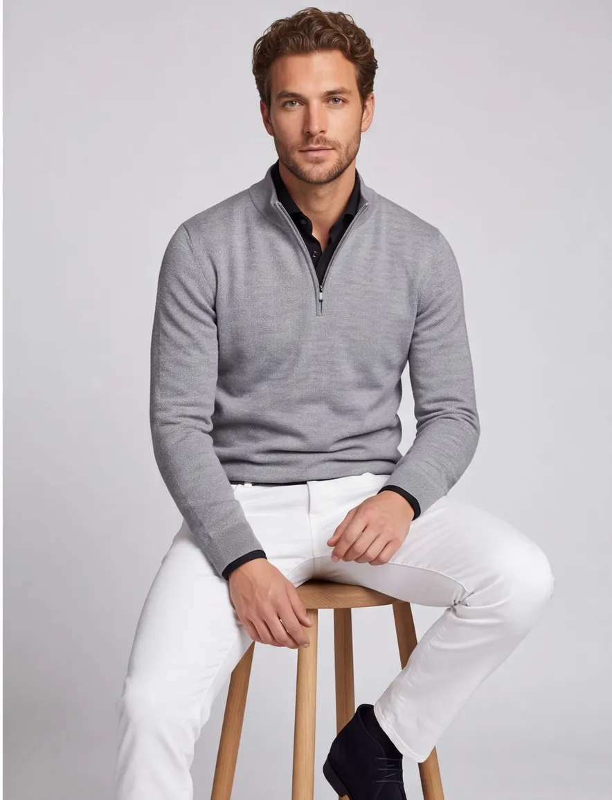 Thomas Maine half zip trui merinowol grijs