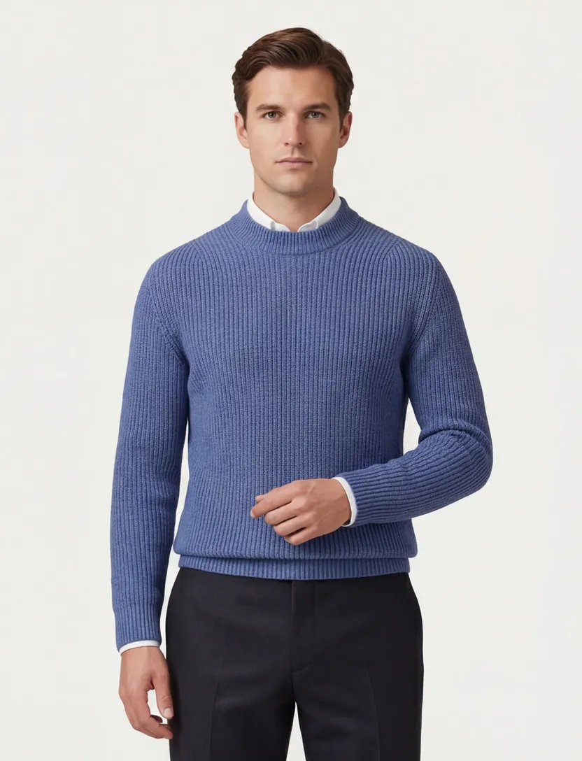 Thomas Maine trui blauw gebreid merinowol