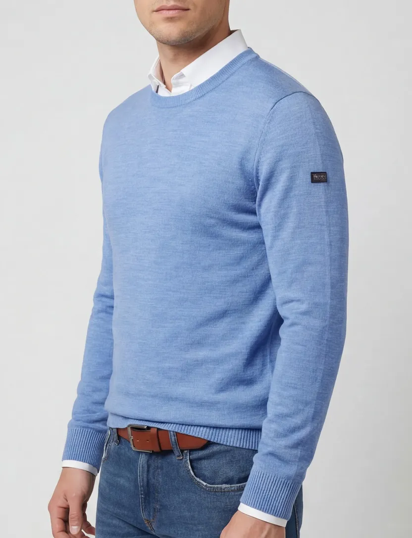 Maerz Trui blauw gemeleerd wol ronde hals wol
