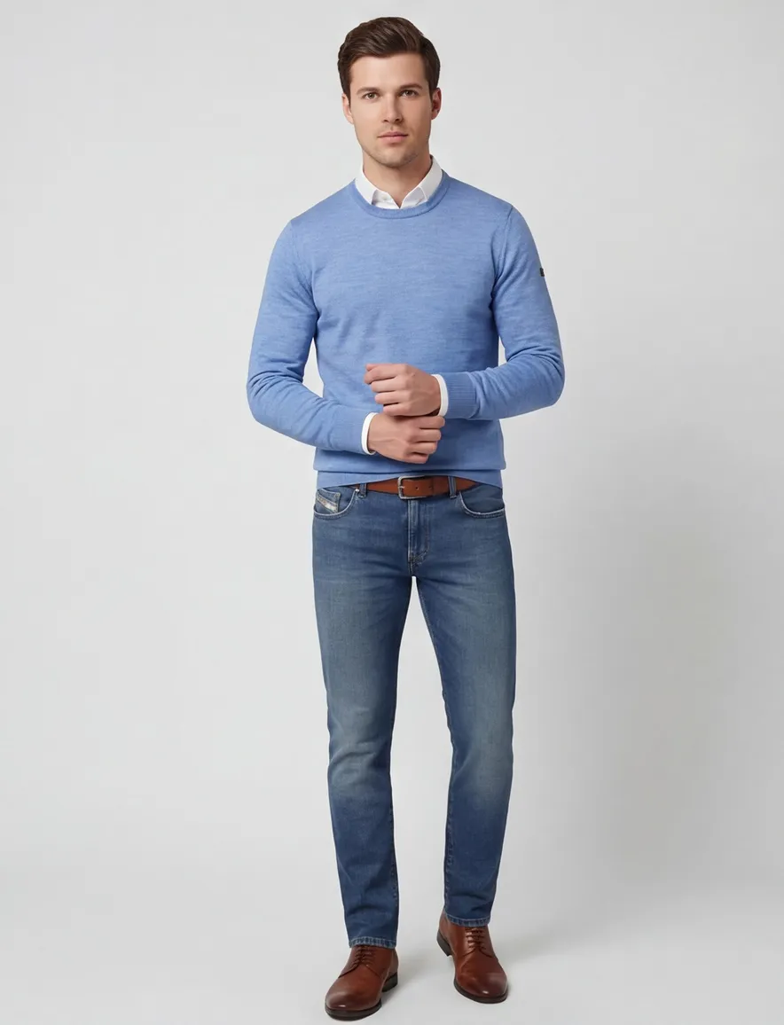 Maerz Trui blauw gemeleerd wol ronde hals gemêleerd
