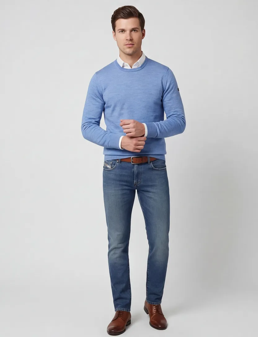 Maerz Trui blauw gemeleerd wol ronde hals wol