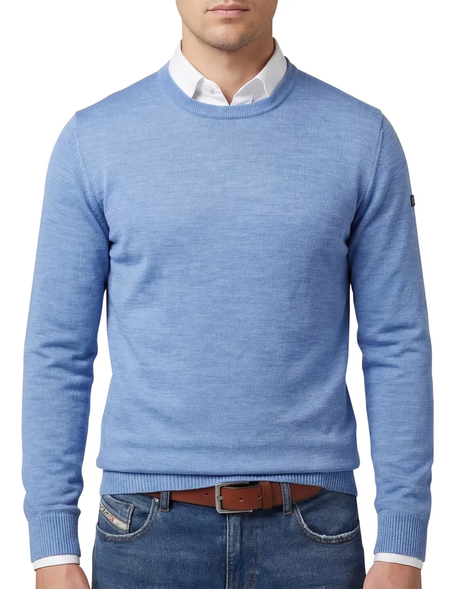 Maerz Trui blauw gemeleerd wol ronde hals gemêleerd