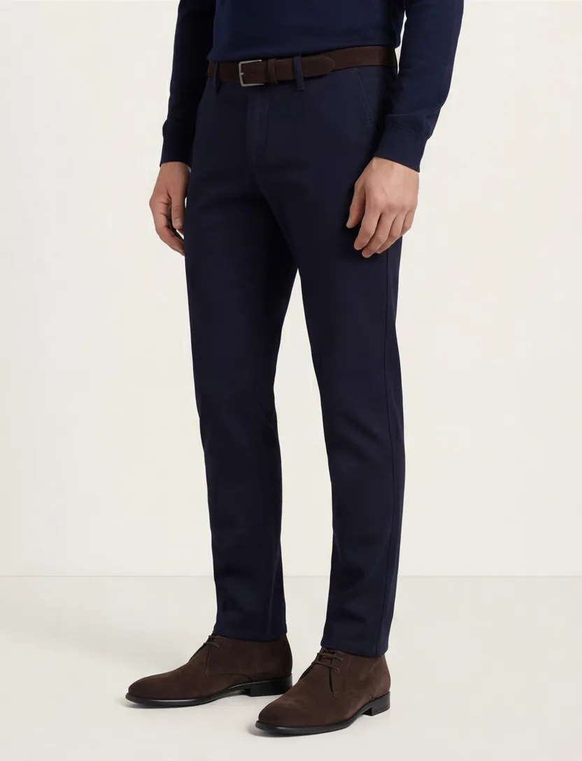 Broek effen donkerblauw slim fit katoen effen