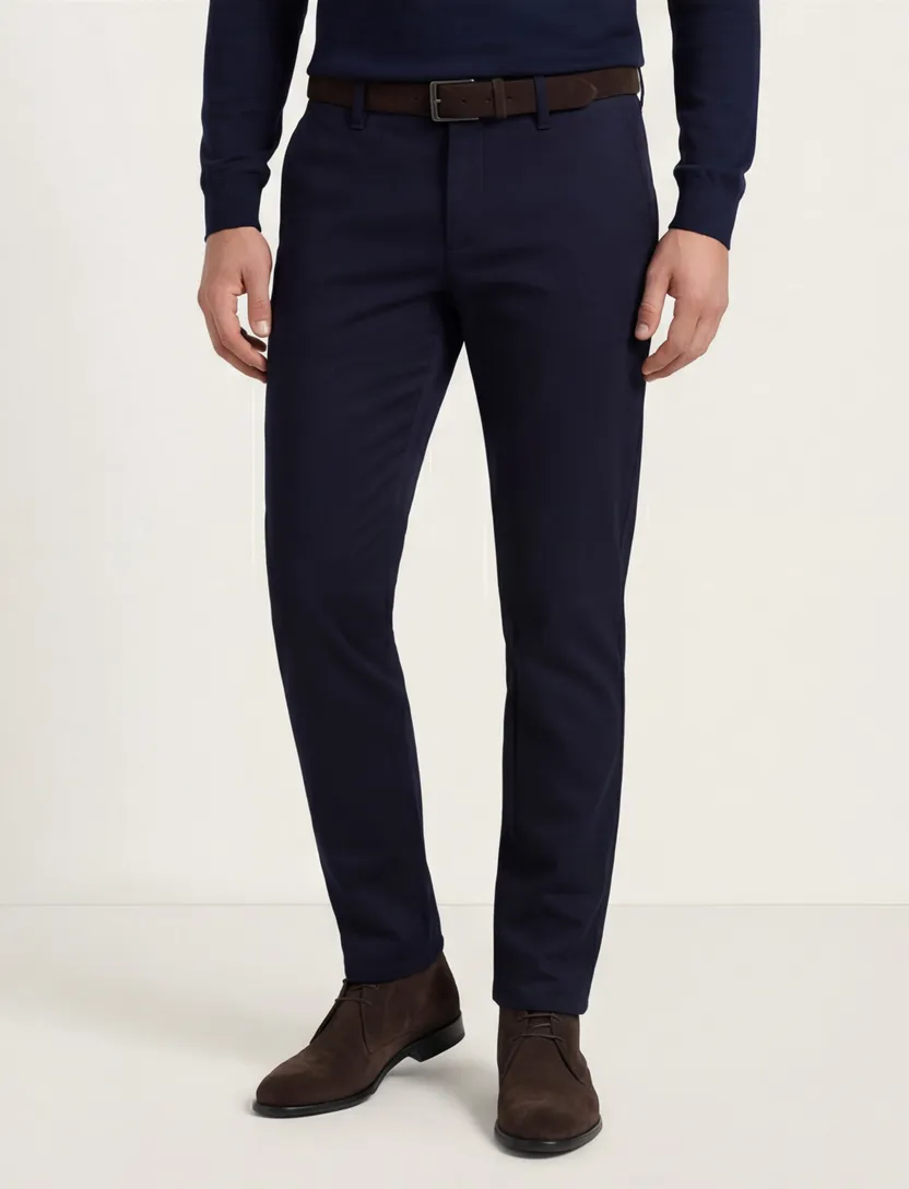 Broek effen donkerblauw slim fit katoen effen