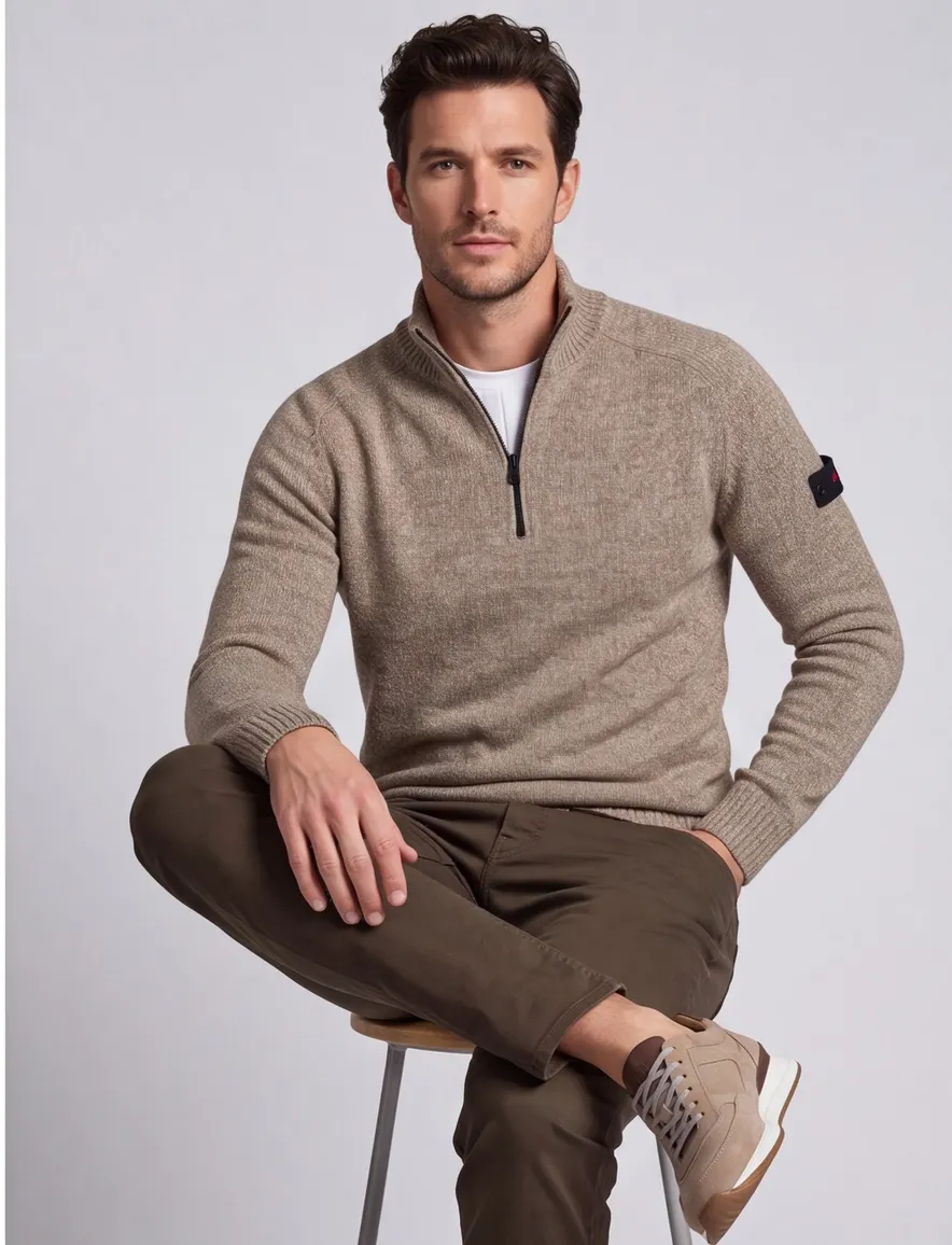 Peuterey trui beige half zip gemeleerd