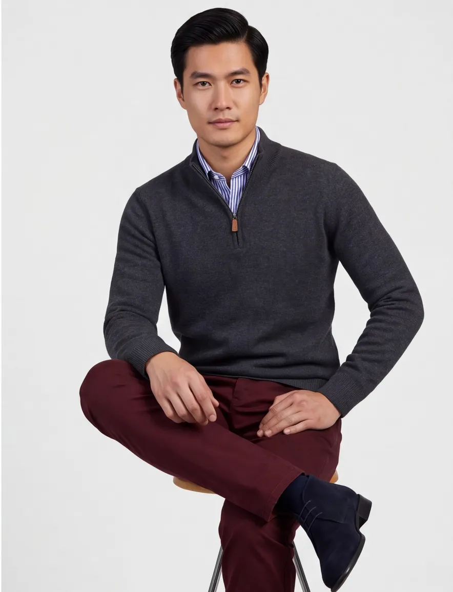 William Lockie trui grijs effen wijde fit half zip
