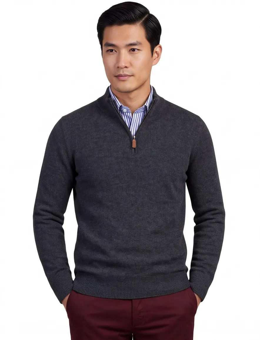 William Lockie trui grijs effen wijde fit half zip