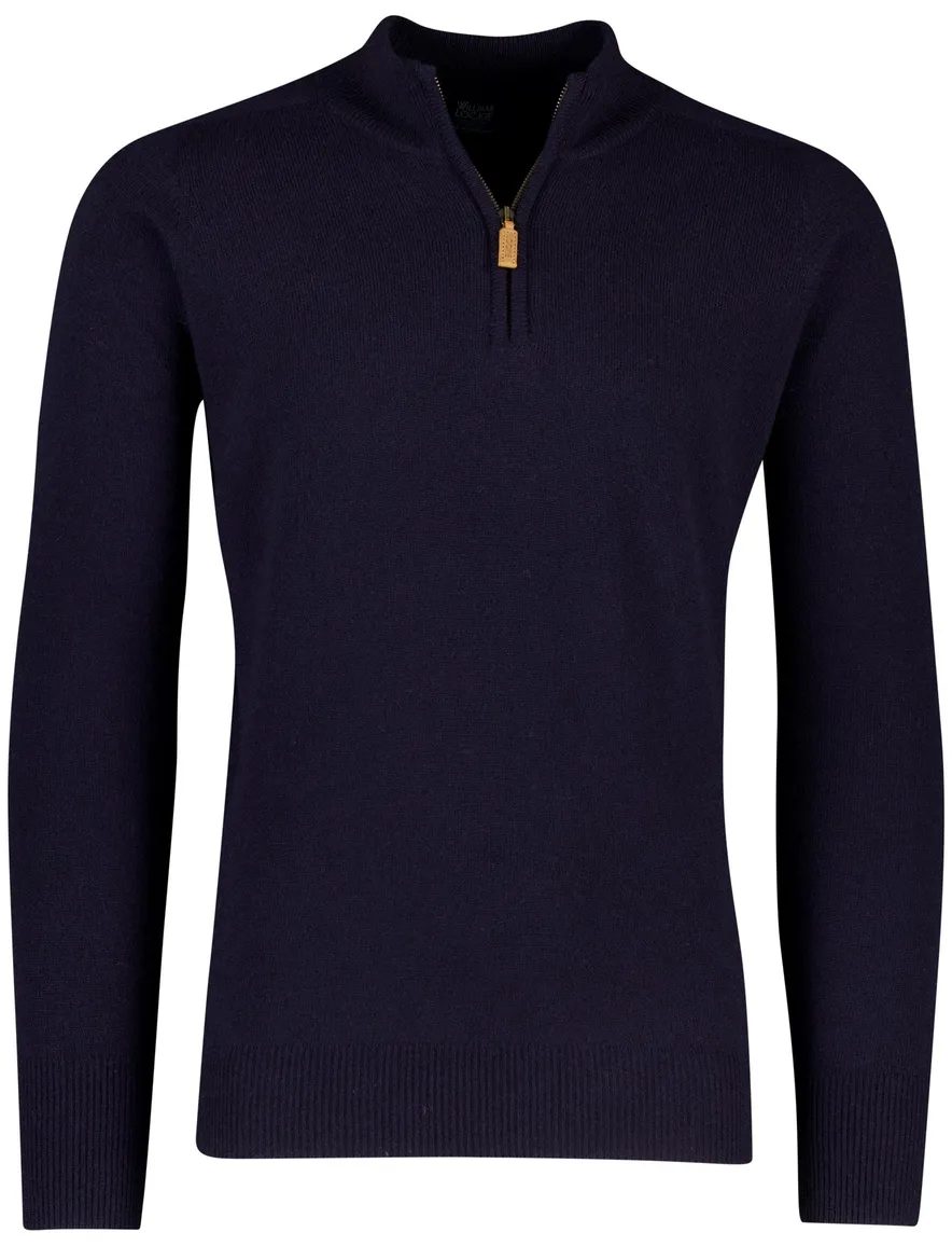 William Lockie trui half zip donkerblauw effen wijde fit lamswol