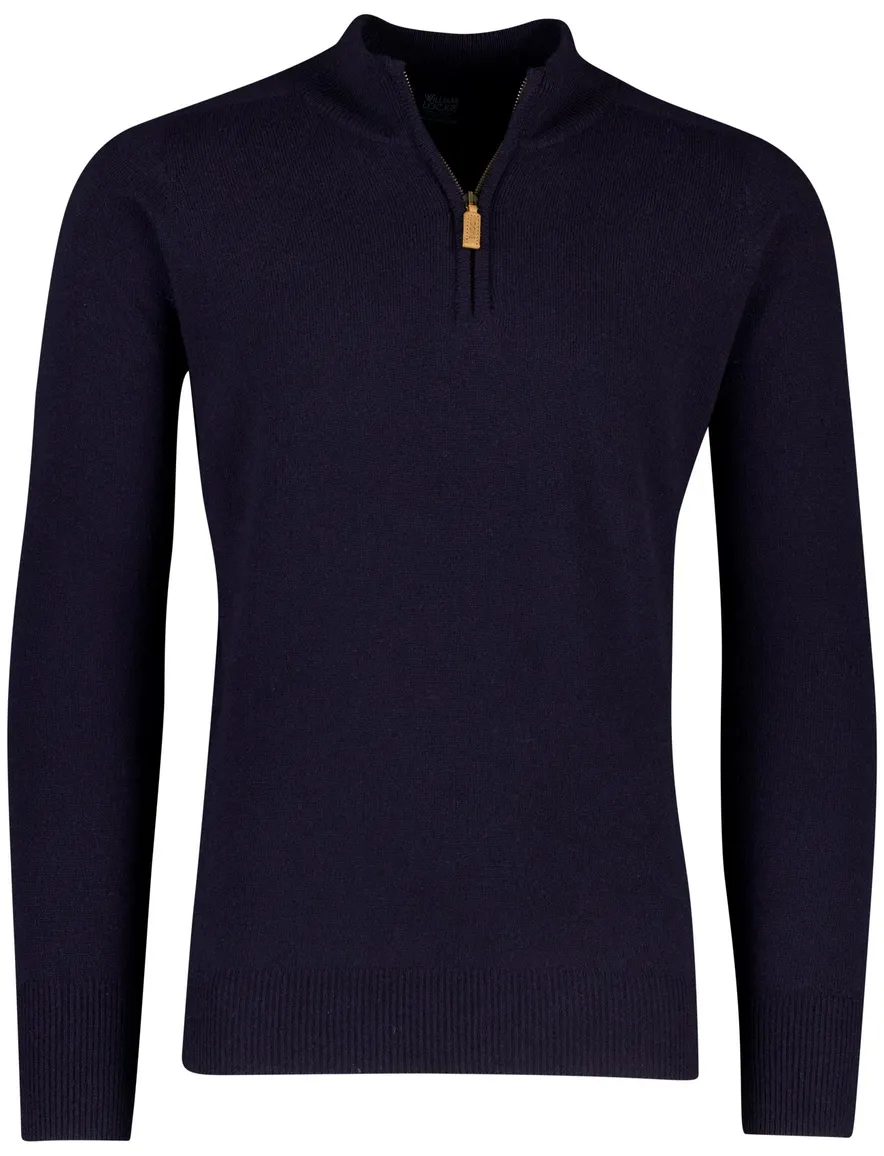 William Lockie trui half zip donkerblauw effen wijde fit lamswol
