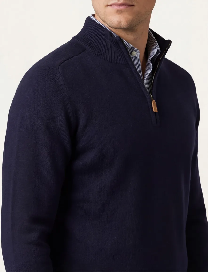 William Lockie trui half zip donkerblauw effen wijde fit lamswol