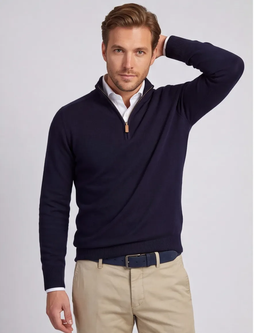William Lockie trui half zip donkerblauw effen wijde fit lamswol