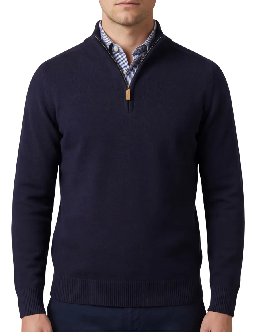 William Lockie trui half zip donkerblauw effen wijde fit lamswol