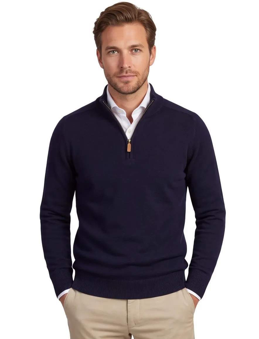 William Lockie trui half zip donkerblauw effen wijde fit lamswol