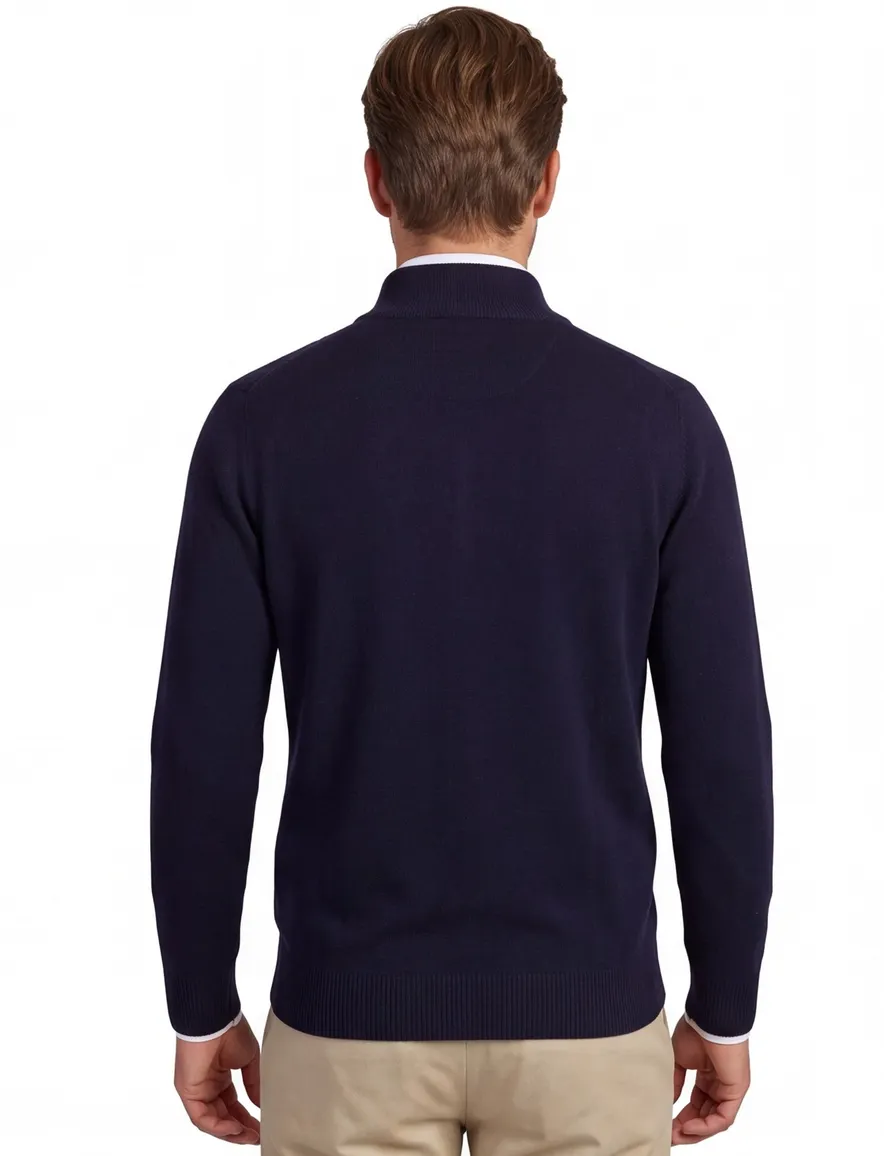 William Lockie trui half zip donkerblauw effen wijde fit lamswol