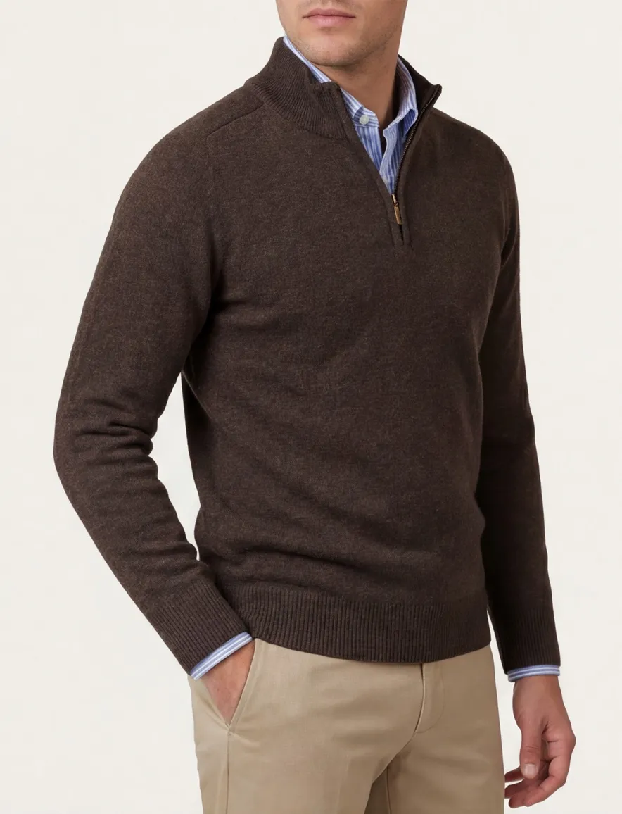 William Lockie trui bruin effen half zip