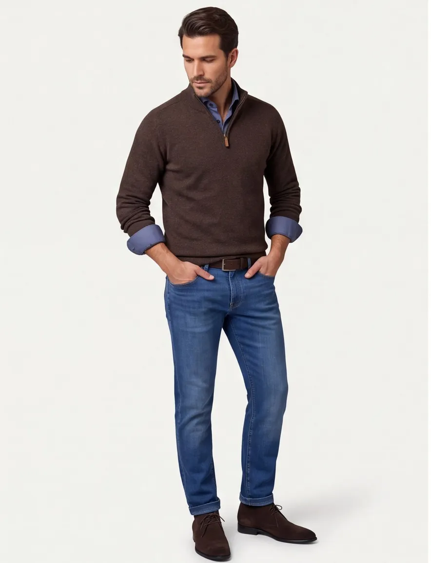 William Lockie trui bruin effen half zip