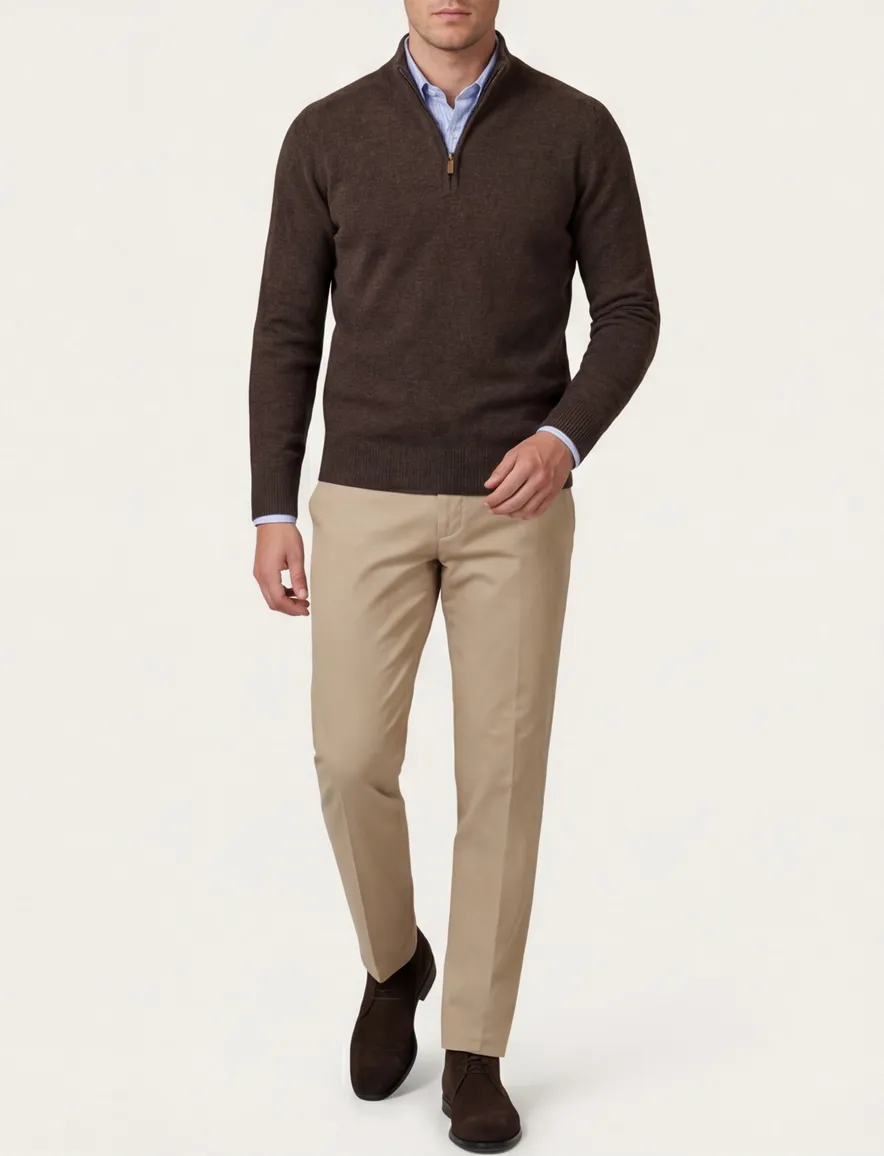 William Lockie trui bruin effen half zip