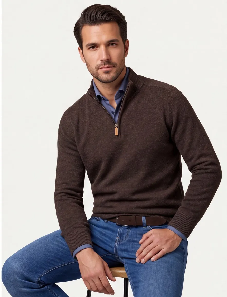William Lockie trui bruin effen half zip