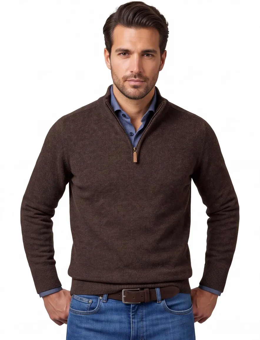 William Lockie trui bruin effen half zip