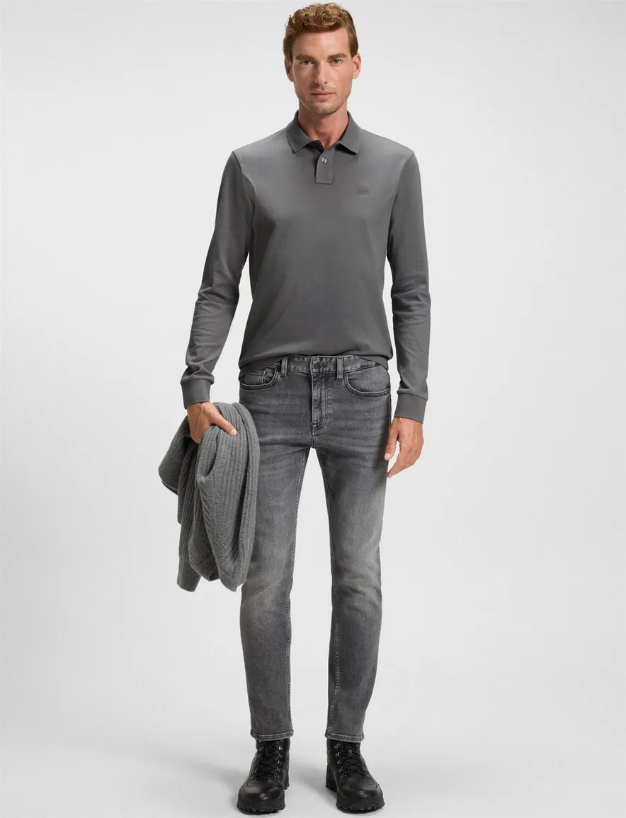 Boss Orange grijs polo lange mouw slim fit
