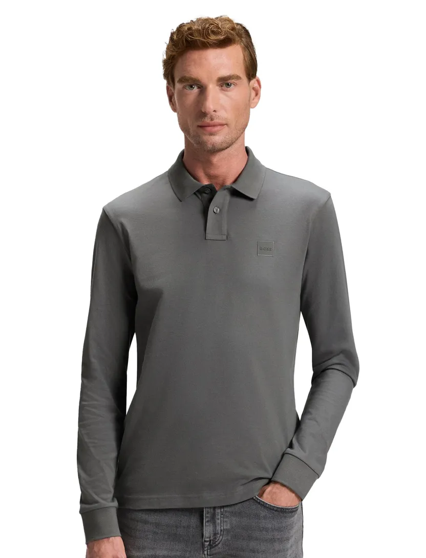 Boss Orange grijs polo lange mouw slim fit 2-knoops
